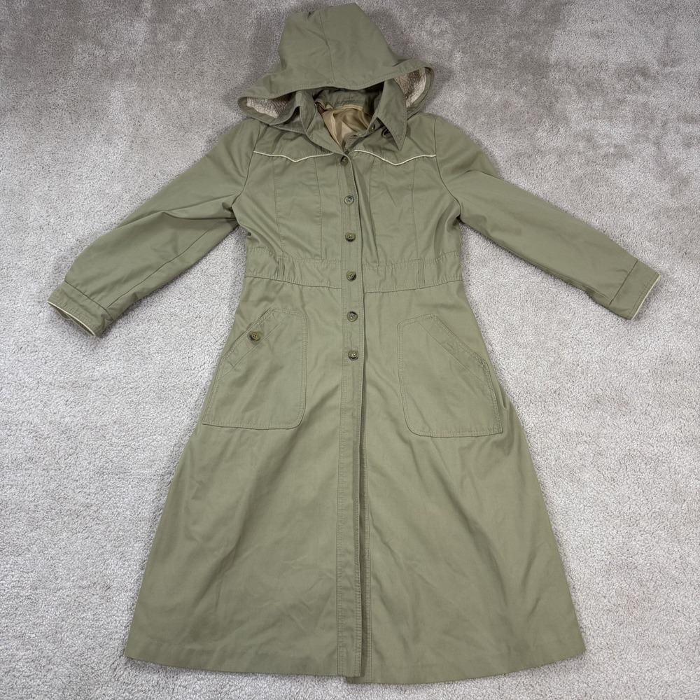 Vintage 80s Weather Wise Trench Coat Women M 15/16 Green Military Hooded Jacket